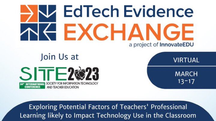 erinmote's tweet image. Join @EdTech_Evidence virtually at #SITE23. Their recorded session explores the potential factors of teachers' professional learning likely to impact technology use in the classroom ow.ly/gM2e50N5bSO