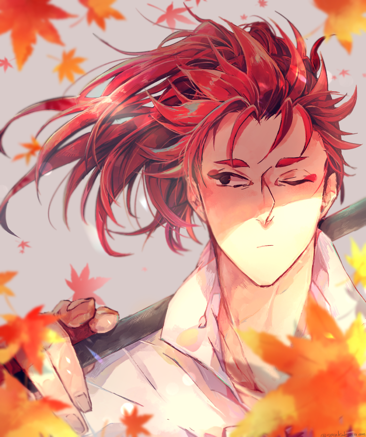 1boy male focus red hair solo ponytail weapon one eye closed  illustration images