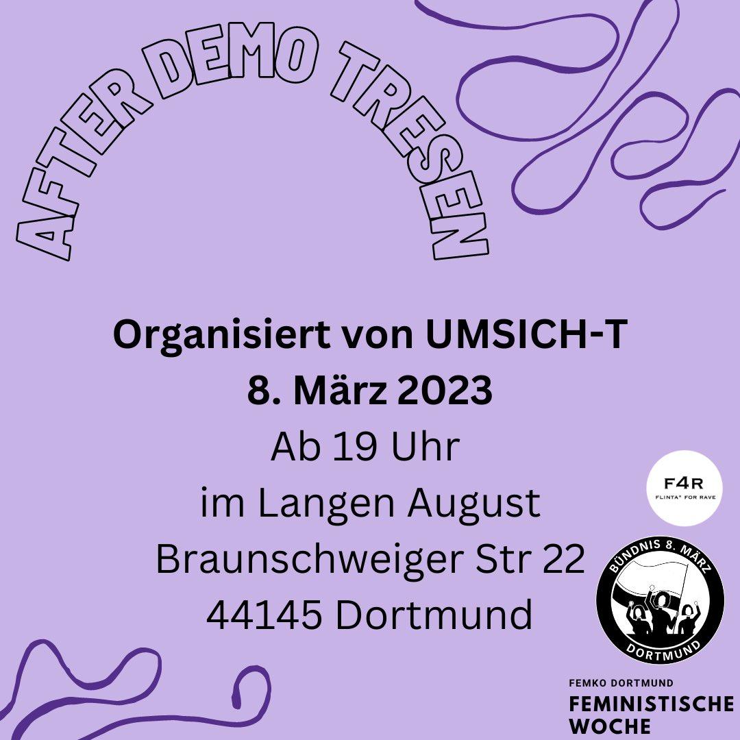 8Maerz_Dortmund's tweet photo. Wir laden euch herzlich ein, den Abend nach der Demo gemeinsam ausklingen zu lassen. Dazu gibt es einen After-Demo-Tresen vom Umsicht-Kollektiv. Es wird eine Küfa und Kaltgetränke geben + Musik von F4R.

All genders welcome.
#do0803 #AfterDemo #FeministischerKampftag #Dortmund https://t.co/UAfGaoXSUT