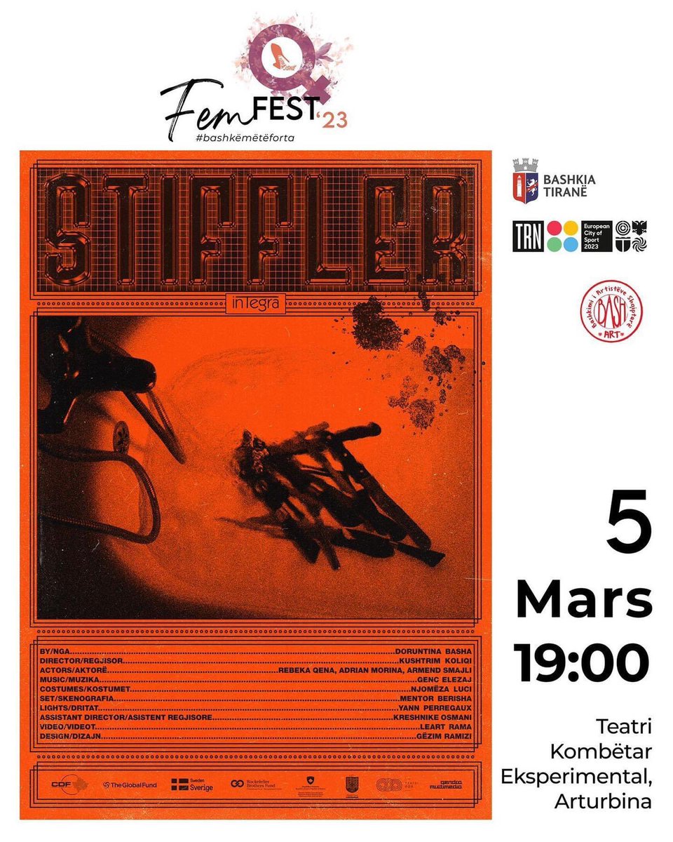 Shfaqja 'Stiffler' në Tiranë

05 mars 2023, 19.00h, Teatri Kombetar Eksperimental 'Kujtim Spahivogli' në FemFest 

#integra #cdf #gf #sweden #rbf #mkrs #prishtina