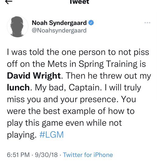 mikemayer22's tweet photo. 8 years ago today, David Wright and Bobby Parnell tossed out Noah Syndergaard’s lunch because he was eating during an intrasquad game. https://t.co/CYOqEWjQpv
