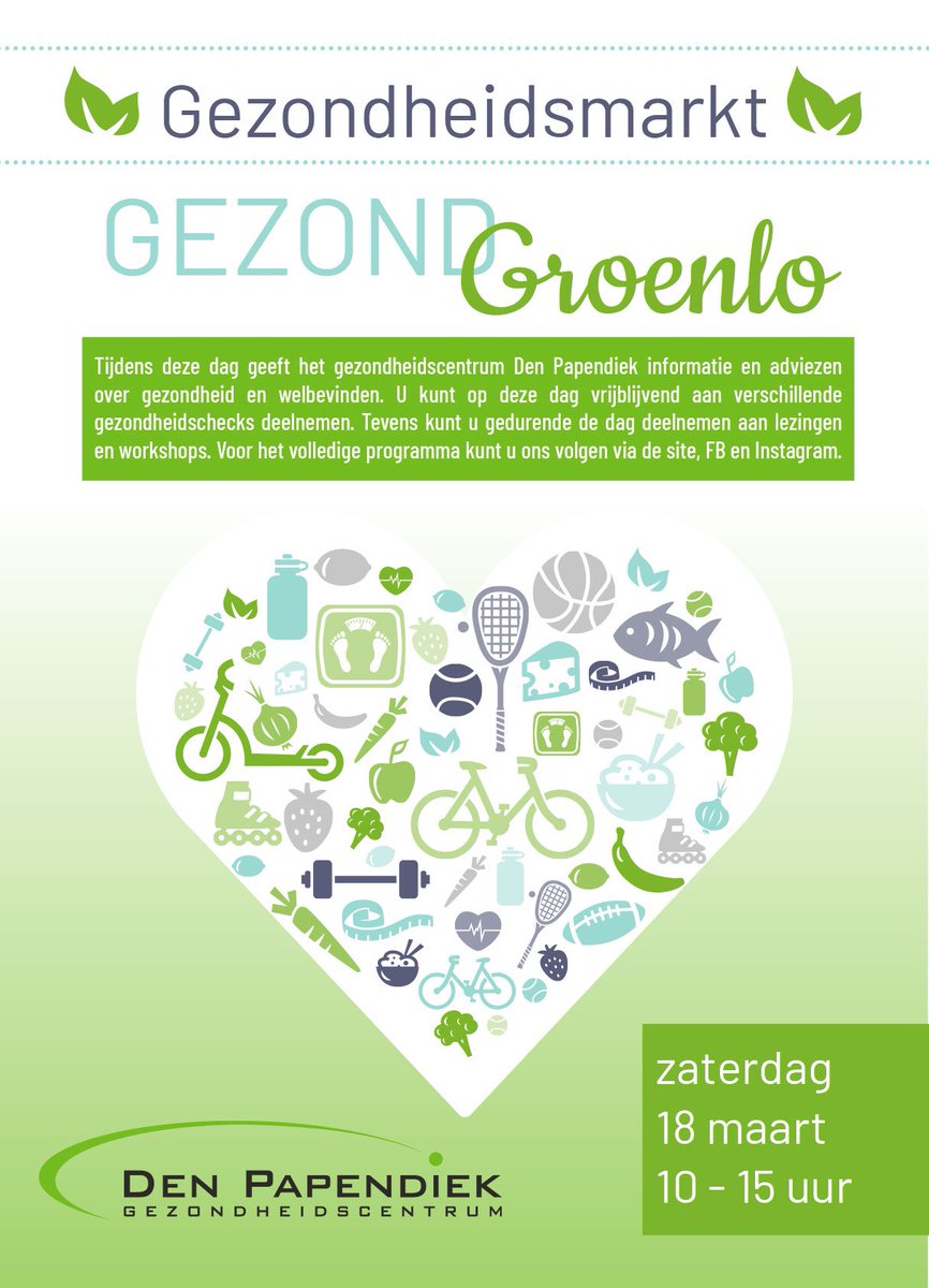 sportpodonu's tweet photo. Gezondheidsmarkt in Gezondheidscentrum Den Papendiek in Groenlo op zaterdag 18 maart! Kom langs voor veel leuke en interessante activiteiten!

#gezondheid #gezondgroenlo #gezondheidscentrum #gezondheidsmarkt #groenlo #oostgelre #denpapendiek #informatie #adviezen #buitenschans https://t.co/pBgRsOoxTQ