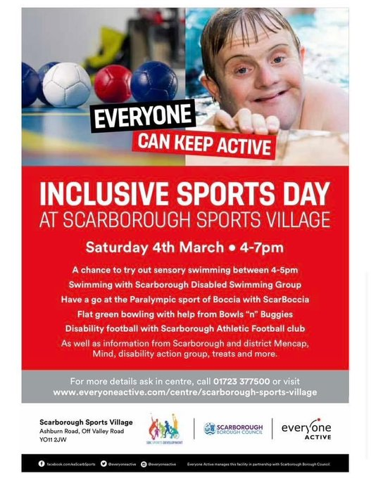 WoodlandsAC's tweet photo. Inclusive Sports Day TOMORROW @EveryoneActive  #Scarborough #inclusive #sports #sportsday #swimming #sensoryswimming #boccia #scarboccia #bowls #football #exercise #fitness #physicalwellbeing #wellbeing https://t.co/0aVx5eX0rW