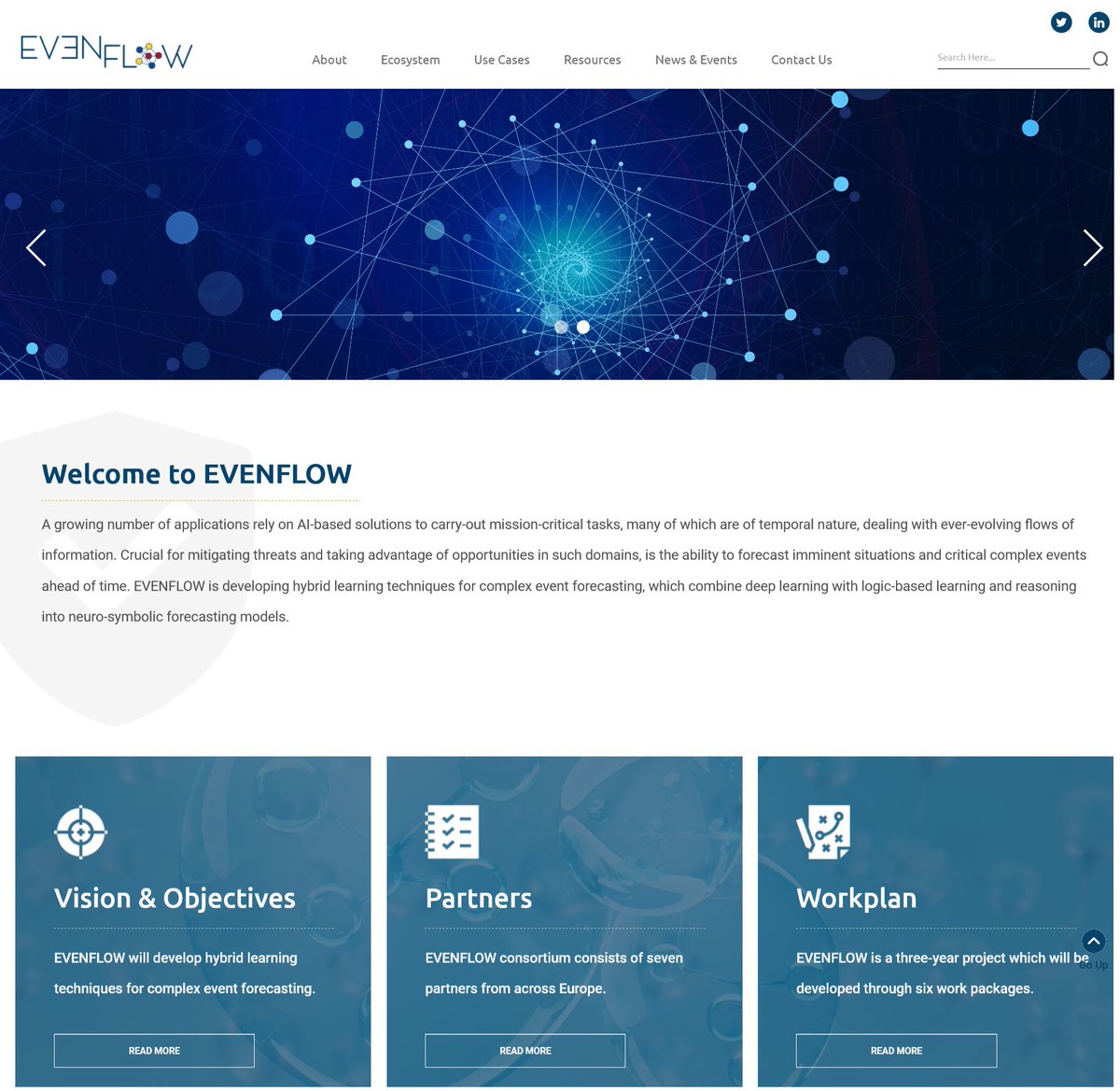 EvenflowProject's tweet image. 📢It&apos;s official! The @EvenflowProject has just launched its website!
Visit evenflow-project.eu and learn all about what we will be doing in the next 3 years on #complexeventforecasting #deeplearning and #neurosymbolic forecasting!