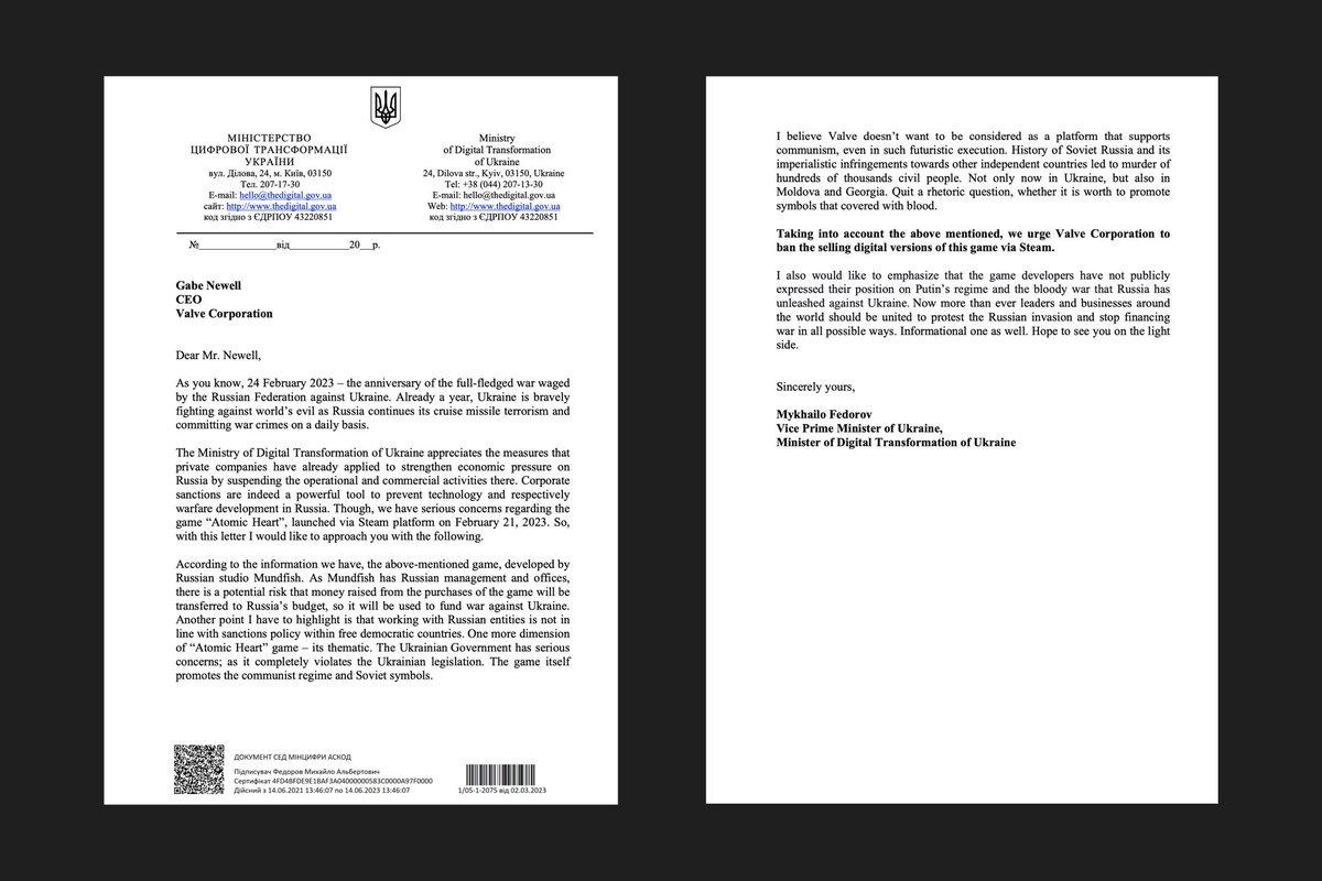 FedorovMykhailo's tweet image. Official requests to ban selling Atomic Heart game. I do believe neither of these businesses support bloody regime, murders or romanticizing communism. Brand new level of Russian digital propaganda – using gaming industry.
@Sony @PlayStation @Microsoft @Xbox @valvesoftware @Steam