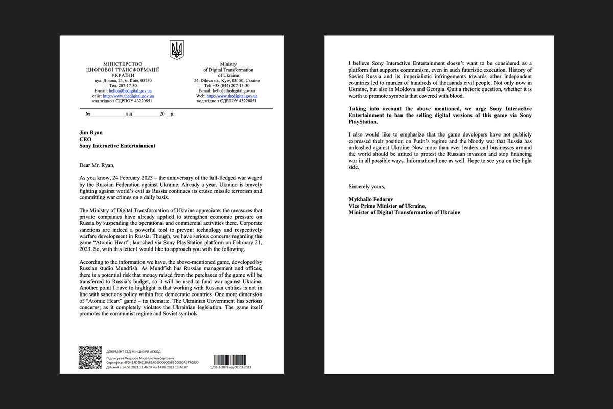 FedorovMykhailo's tweet image. Official requests to ban selling Atomic Heart game. I do believe neither of these businesses support bloody regime, murders or romanticizing communism. Brand new level of Russian digital propaganda – using gaming industry.
@Sony @PlayStation @Microsoft @Xbox @valvesoftware @Steam