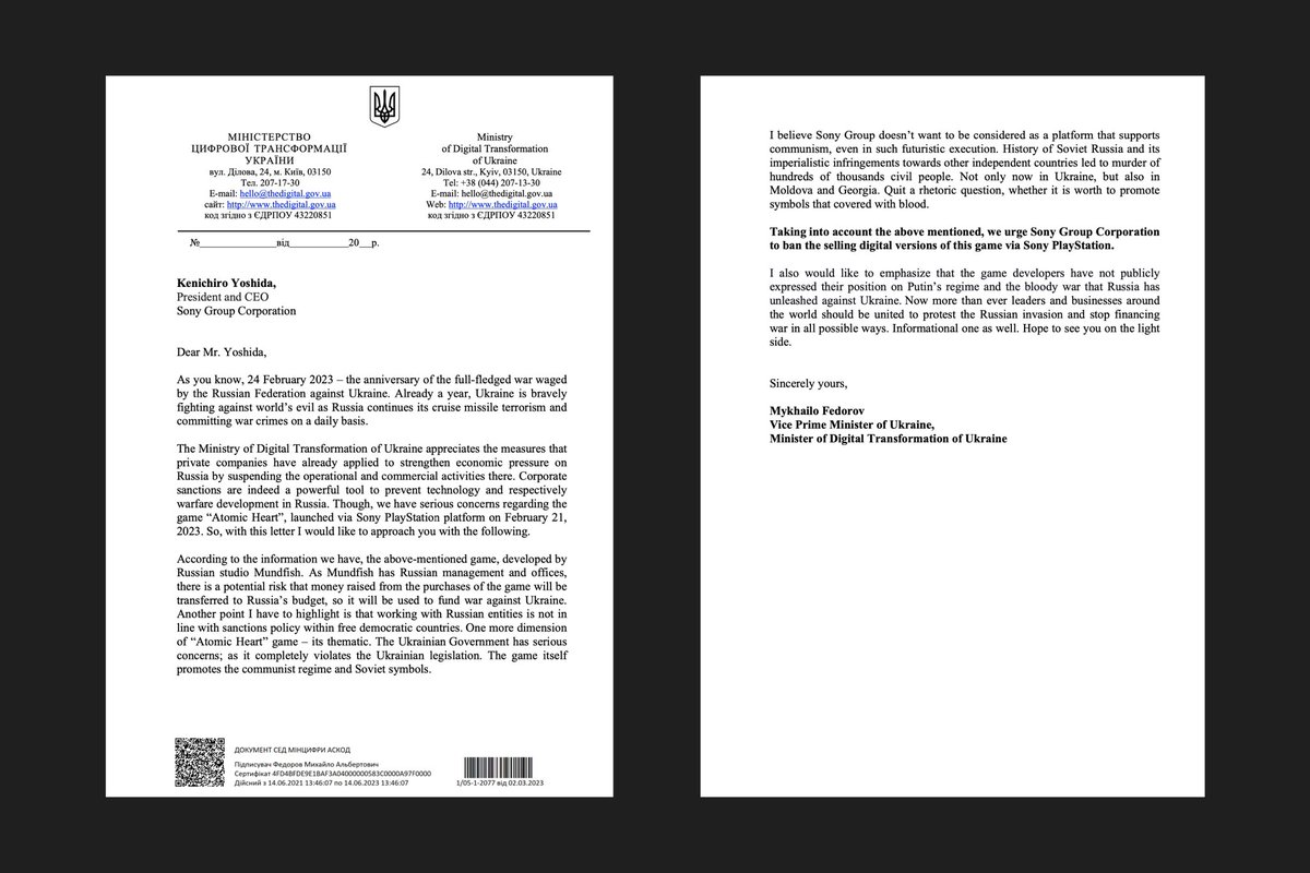 FedorovMykhailo's tweet image. Official requests to ban selling Atomic Heart game. I do believe neither of these businesses support bloody regime, murders or romanticizing communism. Brand new level of Russian digital propaganda – using gaming industry.
@Sony @PlayStation @Microsoft @Xbox @valvesoftware @Steam