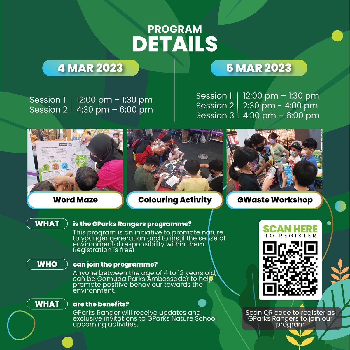 Catch us again in Quayside Mall, twentyfive.7, Kota Kemuning. Saturday (4 March 2023) and Sunday (5 March 2023), 12 noon to 6 pm.

Register as GParks Ranger for FREE to participate in our programme.

Scan the QR code or click on the link to register: forms.gle/Tz7jF1icfnoD7L…