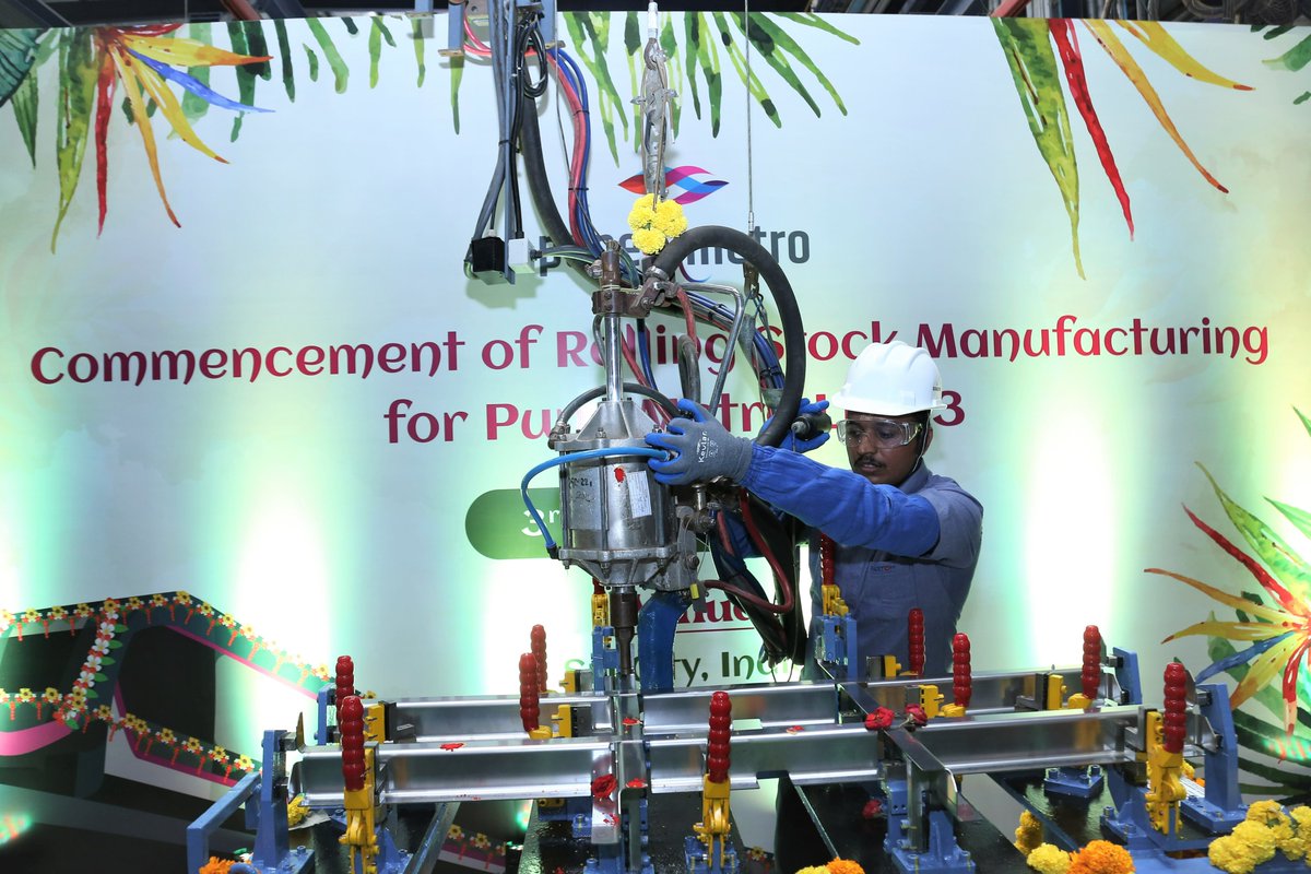 AlstomIndia's tweet photo. We are thrilled to announce expansion of our footprint in the city of #Pune as we start manufacturing #Metropolis trainsets for the upcoming #PuneMetro Line 3, at our #SriCity site. Here are a few snapshots of the ceremony as we kick off the production at the site. 
#MadeinIndia https://t.co/SZSgr0dStr