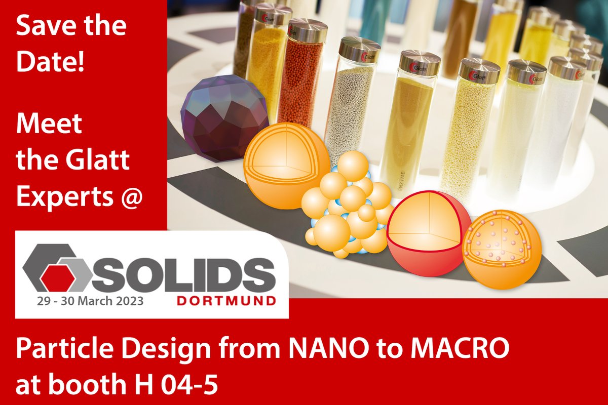 glatt_group's tweet image. Meet our experts at booth H 04-5 at SOLIDS. Glatt will highlight integrated concepts for of particle design, process know-how and plant engineering. 
#fluidbed #technology #powdersynthesis #particledesign #engineering #glatt #solids

foodfeedfinechemicals.glatt.com/glatt-particle…
