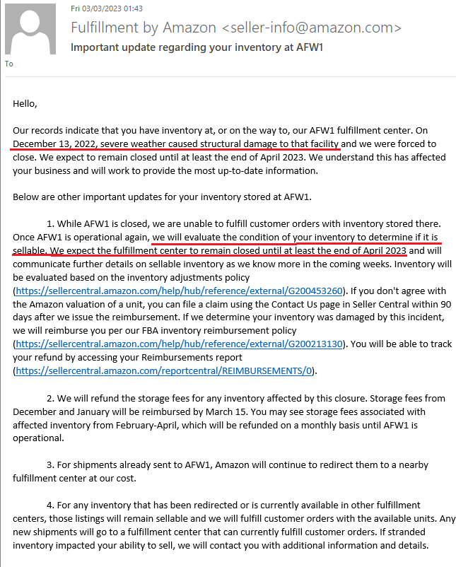 0to1eCom's tweet photo. EEEEEEK our inventory at AFW1 is GONE!?

LOVE getting these ominous emails from Amazon 🫤

Severe weather damaged a fulfilment centre in Texas but luckily it looks like we only had a couple of units there

You can see yours in the new Inventory Ledger report https://t.co/sJi5N15wdD