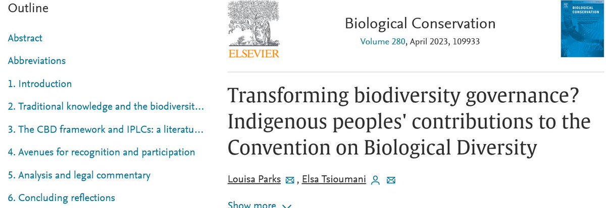 Our article with <a href="/LR_Parks/">Louisa Parks</a> on #Indigenous Peoples' contributions to the Convention on Biological Diversity is out and available open access for 50 days
sciencedirect.com/science/articl…
<a href="/UniTrento/">Università di Trento</a> <a href="/UNBiodiversity/">UN Biodiversity</a> <a href="/IISD_ENB/">Earth Negotiations Bulletin</a>