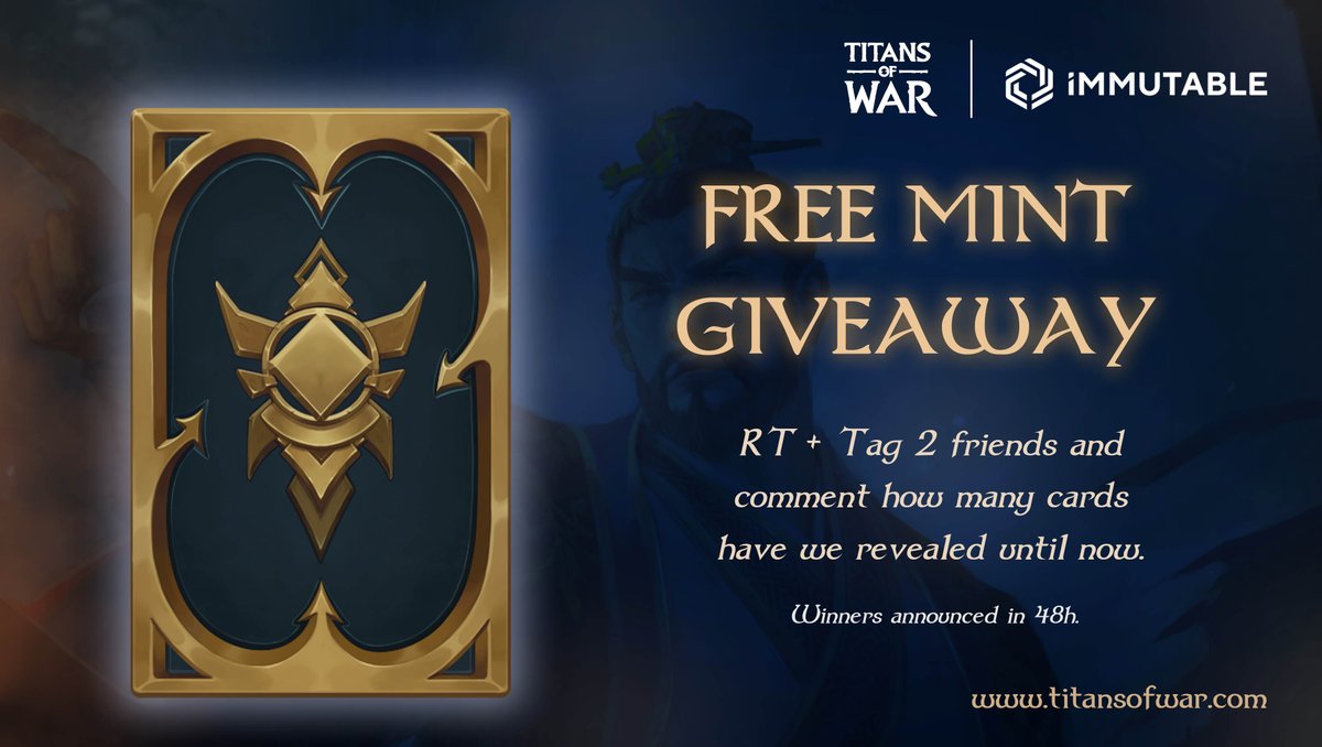 #FREEMINT 50 WHITELIST SPOT #GIVEAWAY 

To enter our #whitelist spot giveaway for FREE Titans of War 
#NFT #mint , you need to:

- RT + Tag 2 friends 🤝
- Comment how many cards have we revealed so far.

Winners announced in 48hours.

#TCG #immutableX
