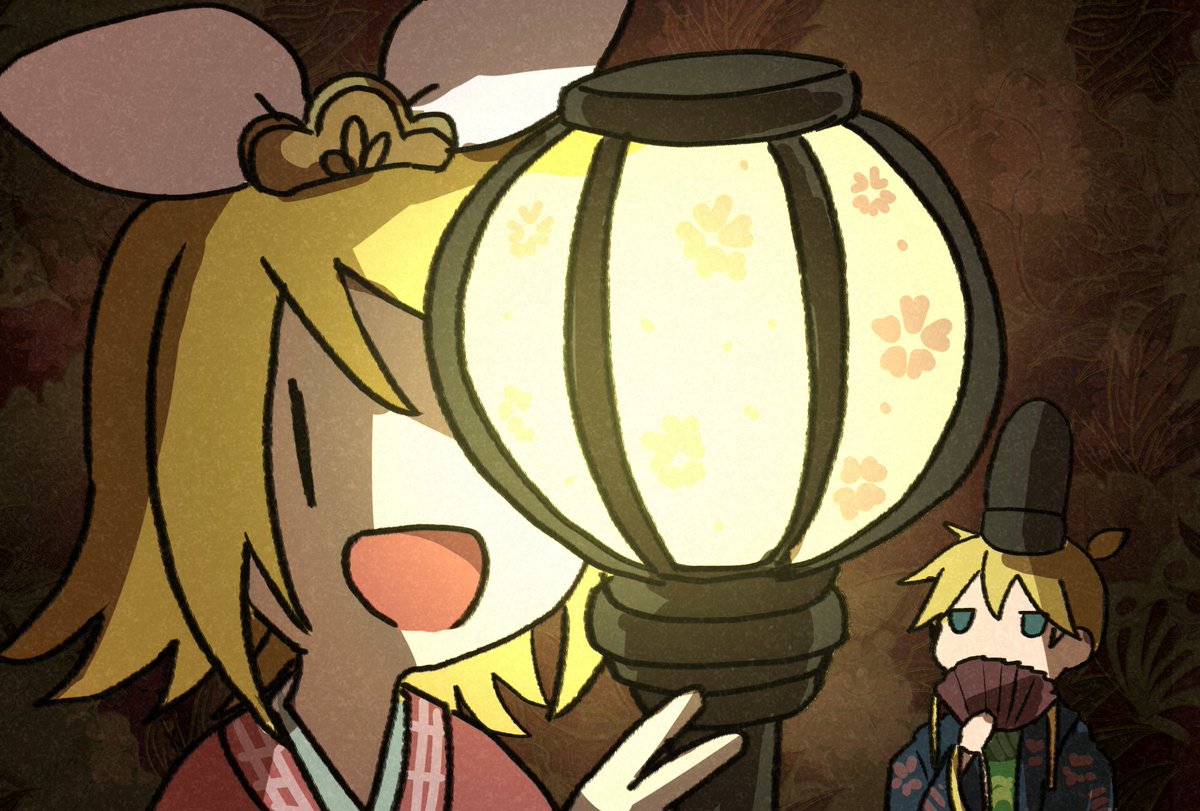 kagamine len ,kagamine rin 1girl blonde hair 1boy japanese clothes lantern kimono hand fan  illustration images