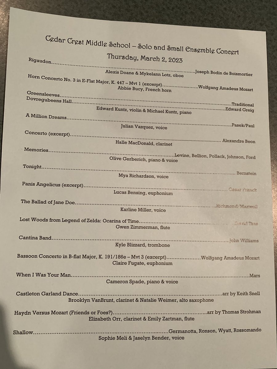 cedarcrestband's tweet photo. Excellent performances by all of the CCMS musicians at their Solo and Small Ensemble Concert! Super cool event! #concert #chambermusic #solo #smallensemble #excellence #FalconPride #nofear https://t.co/XDFfq2pYFP
