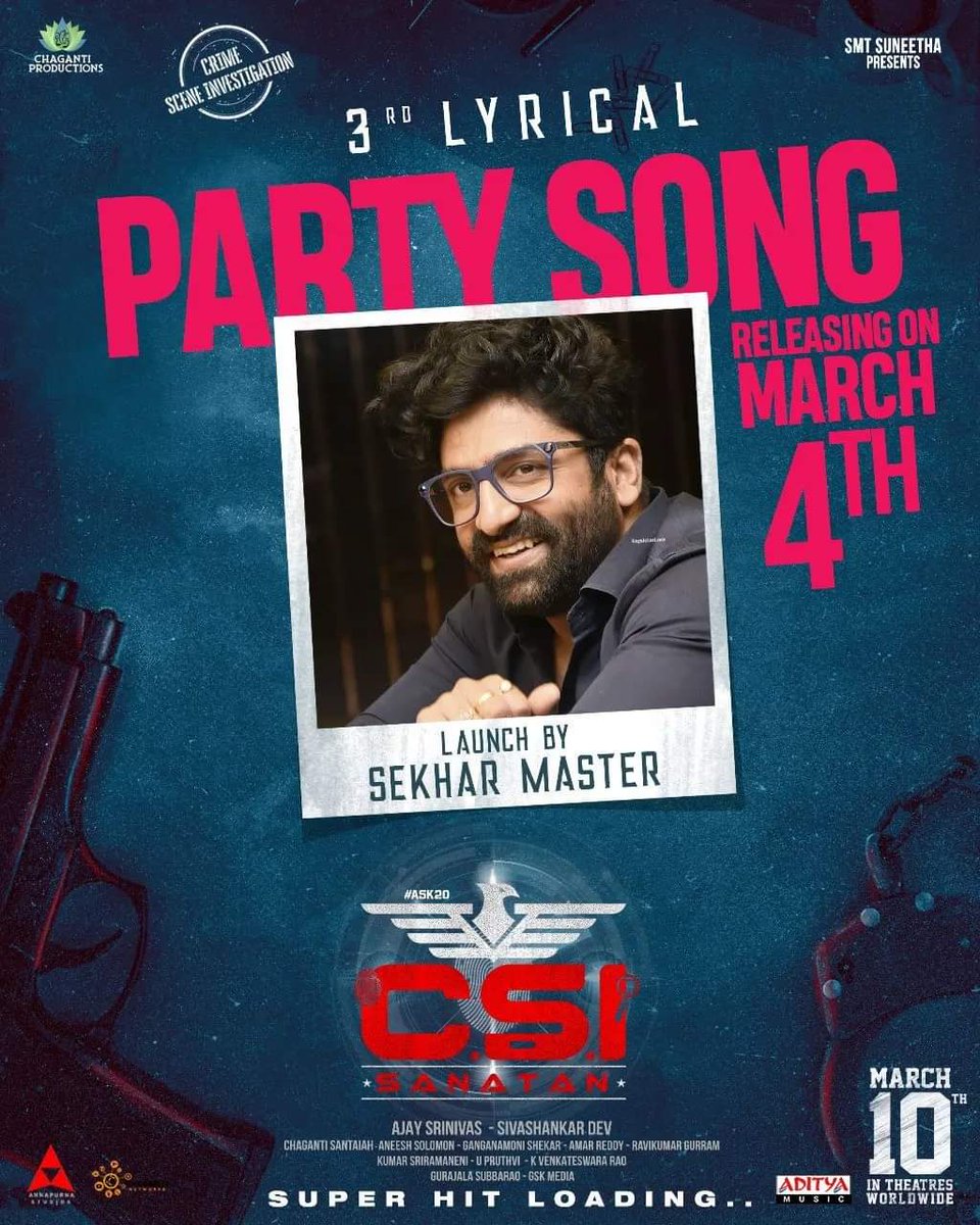 Aneesh Solomon (@aneeshsolomon) on Twitter photo Are you ready to Dance your hearts out for the Blasting #PartySong 🥳🤘
Will be Unveiled by <a href="/Sekharmasteroff/">Sekhar</a> on Mar 4th🔥
#SuperHitLoading #CSISanatanOnMAR10th
<a href="/iamaadisaikumar/">Aadi Saikumar</a> <a href="/NarangMisha/">Misha Narang</a> <a href="/ajaysrinivasofc/">Chaganti Srinivas</a> <a href="/dev_sivashankar/">SivaShankar Dev</a> <a href="/aneeshsolomon/">Aneesh Solomon</a> <a href="/adityamusic/">Aditya Music</a> <a href="/GskMedia_PR/">GSK Media</a> Are you ready to Dance your hearts out for the Blasting #PartySong 🥳🤘
Will be Unveiled by <a href="/Sekharmasteroff/">Sekhar</a> on Mar 4th🔥
#SuperHitLoading #CSISanatanOnMAR10th
<a href="/iamaadisaikumar/">Aadi Saikumar</a> <a href="/NarangMisha/">Misha Narang</a> <a href="/ajaysrinivasofc/">Chaganti Srinivas</a> <a href="/dev_sivashankar/">SivaShankar Dev</a> <a href="/aneeshsolomon/">Aneesh Solomon</a> <a href="/adityamusic/">Aditya Music</a> <a href="/GskMedia_PR/">GSK Media</a>