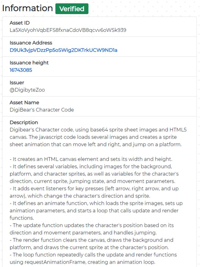 DigibyteZoo's tweet photo. Digibear's Character Code is up for Auction on @digiassetX
Unique 1 of 1 #digiasset that uses base64 sprite images and javascript code to animate and control #digibear with arrow keys to walk left and right, and jump.
#digibyte $DGB #digizoo https://t.co/2d9wFCla4X