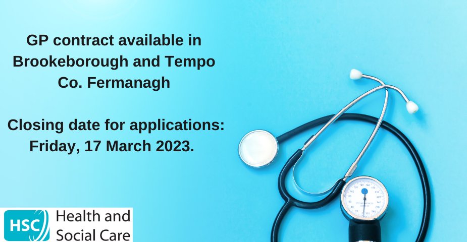 Opportunity for GP Services Contract at Brookeborough & Tempo, Fermanagh. Apply with CV to Pat Brolly, Head of Business Support, Directorate of Primary Care, SPPG, 15 Gransha Park, Clooney Road, Derry/L'derry, BT47 6FN pat.brolly@hscni.net #gpjobs #IMT bit.ly/3IMfeUG #gp