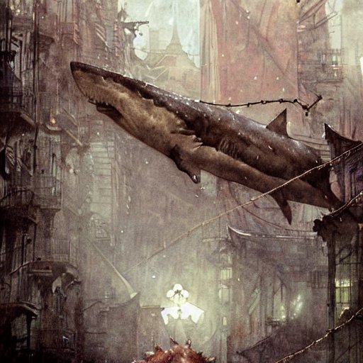 「ビル街を泳ぎ回るサメの怪物というイメージで描けないか作ってみた画像。Genera」|米田仁士 Hitoshi Yonedaのイラスト
