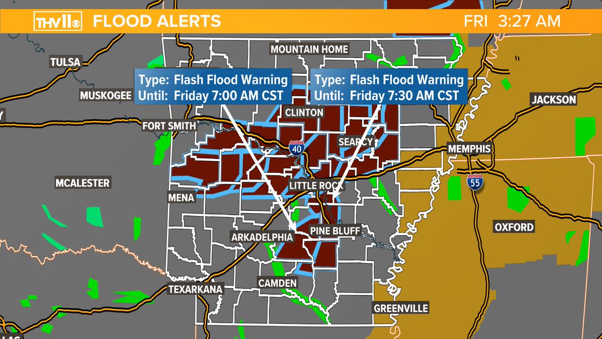SkotWx's tweet photo. Numerous flash flood warnings in effect across the state with more rain continuing to fall. Please be careful this morning!  #arwx https://t.co/rYQDgSVYE9