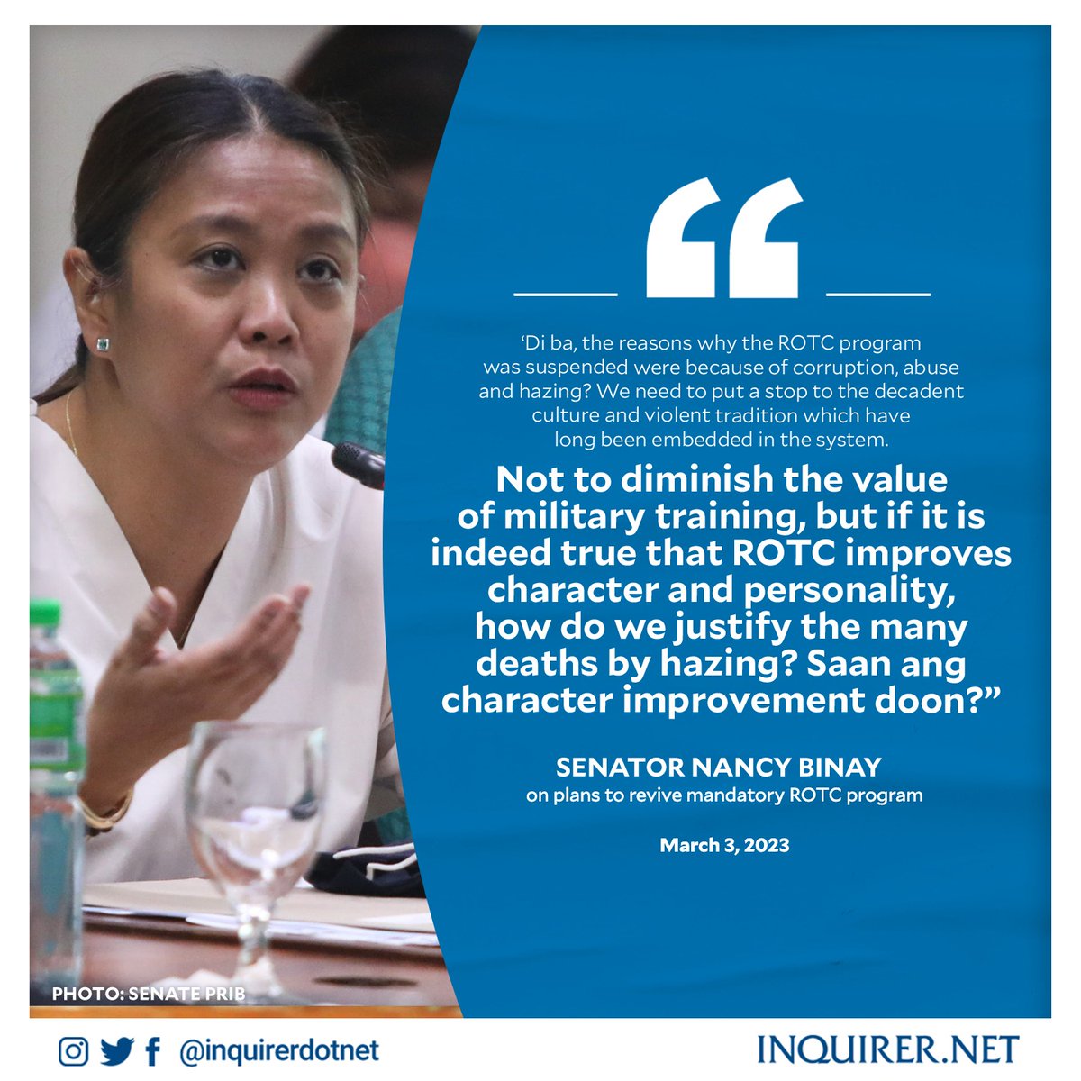 ’SAAN ANG CHARACTER DEVELOPMENT DOON?’

Senator Nancy Binay poses this question in light of plans to revive the mandatory ROTC program and points out that it was originally suspended because of "corruption, abuse and hazing."