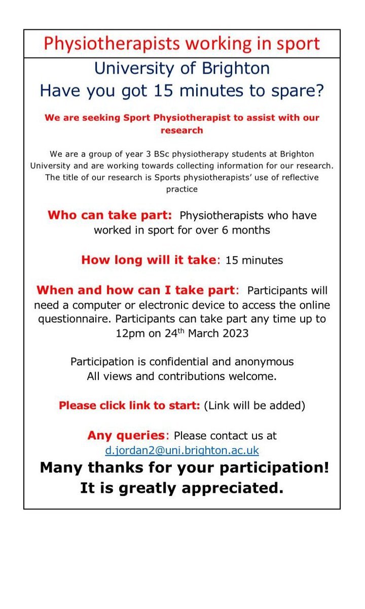 We are still Seeking Sports Physiotherapists to aid our research! We Thank you for your time in completing the Questionnaire and in sharing our research. brighton.onlinesurveys.ac.uk/reflective-pra…