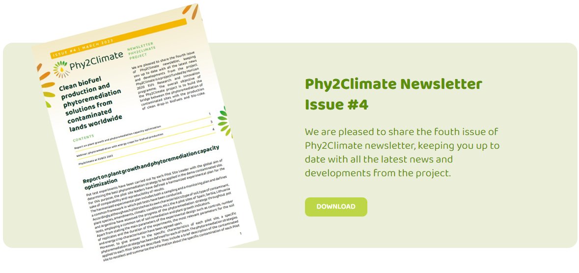 We are pleased to share the fourth issue of  @phy2climate #newsletter: latest news on project workshops, results, developments concerning #phytoremediation pilot sites 🌱♻️, #biofuels & #biocoke production.
👉 phy2climate.eu/resources
#soil
#energycrops
#sustainable
#cooperation