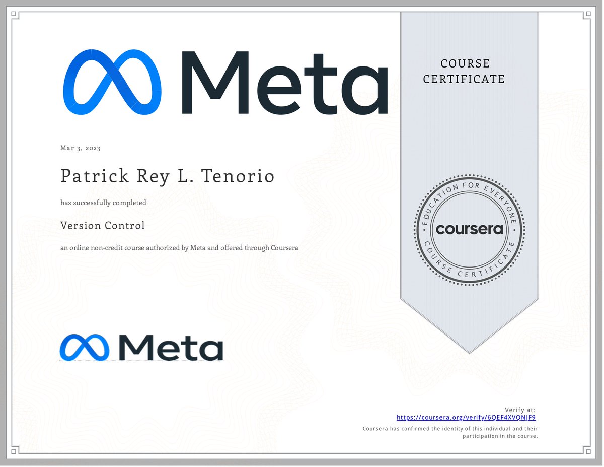 Day 45 of #100DaysOfCode

Version Control course; done. 6 more courses to go to complete the Meta Front-End Developer Professional Certificate in Coursera.