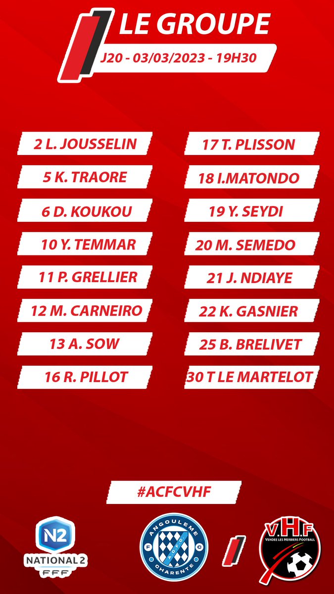 VHFootOfficiel's tweet photo. [#ACFCVHF] 𝗟𝗘 𝗚𝗥𝗢𝗨𝗣𝗘 👀

👥 Les 16 joueurs convoqués par le coach pour le déplacement à @ACFC_16 (5ème, 28 pts).

𝘼𝙇𝙇𝙀𝙕 𝙇𝙀𝙎 𝙍𝙊𝙐𝙂𝙀𝙎 𝙀𝙏 𝙉𝙊𝙄𝙍𝙎 ⚡️

🔴⚫️ #AllezVHF https://t.co/0ThpVccF5C