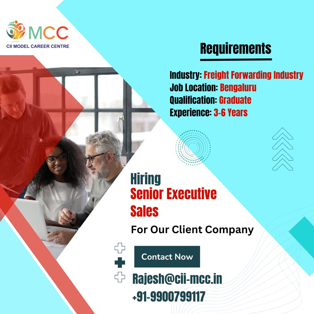Our reputed client is Hiring #senior #executive #sales for the #bangalore Location.
rajesh@cii-mcc.in or Call/ WhatsApp +91-9900799117
lnkd.in/d9mtbCtr
#hiring #freightforwarding #salesmanager #salesmanagerjobs #sales #ciimcc #executivejobs #seniorexecutive