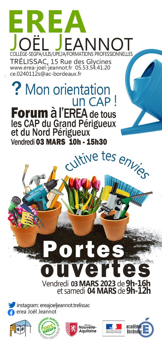 Journées Portes Ouvertes à l'EREA Joël Jeannot Vendredi 3 mars et Samedi 4 mars matin au 15 rue des Glycines à Trélissac.Venez à la rencontre des professionnels et élèves de l’EREA. Visite de chaque atelier proposé, rencontres avec les enseignants, visite de l’internat éducatif