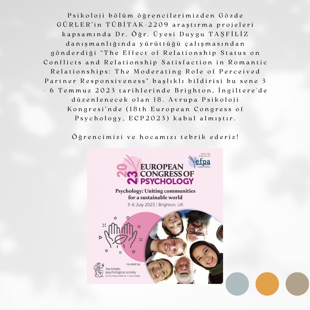 altinbaspsi's tweet photo. Bölümümüz öğrencilerinden Gözde GÜRLER’in TÜBİTAK-2209 araştırma projeleri kapsamında Dr. Öğr. Üyesi Duygu TAŞFİLİZ danışmanlığında yürüttüğü çalışmasından gönderdiği "The Effect of Relationship Status on Conflicts and Relationship Satisfaction in Romantic... https://t.co/TiCjjT2DNY