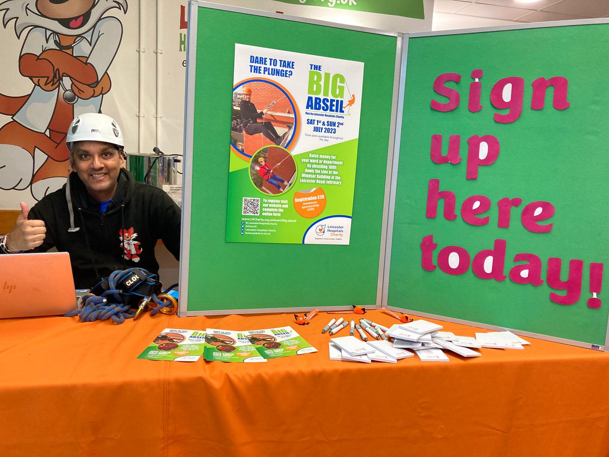 Come and say hello 👋 or sign up for the BIG Abseil event 🧗

The events &amp; community team is at the 𝗟𝗘𝗮𝘁 𝗖𝗮𝗳𝗲 @ 𝗟𝗥𝗜 today promoting fundraising events, talking about how to get involved to raise money for <a href="/Leic_hospital/">Leicester's Hospitals</a> and answering questions.