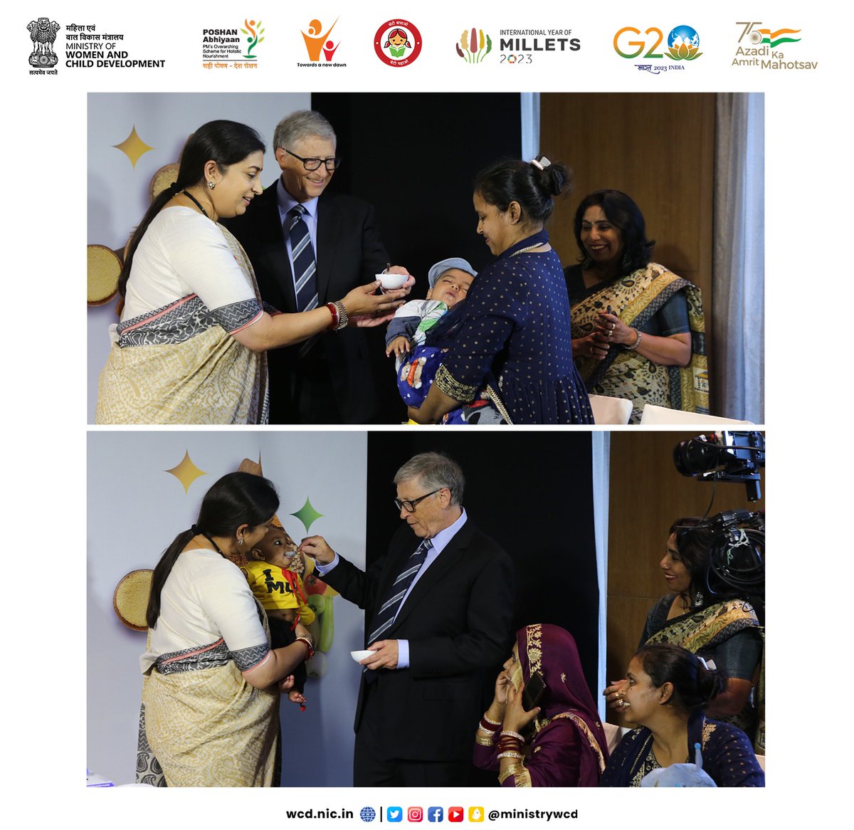 Hon'ble Minister @smritiirani addressed Mr. @BillGates, Co-Chair and Trustee @gatesfoundation as “Mama of New India” as Mr. Gates participated in traditional “Annaprashan” ritual
.
.
#amritmahotsav
#sahiposhandeshroshan #IYM2023