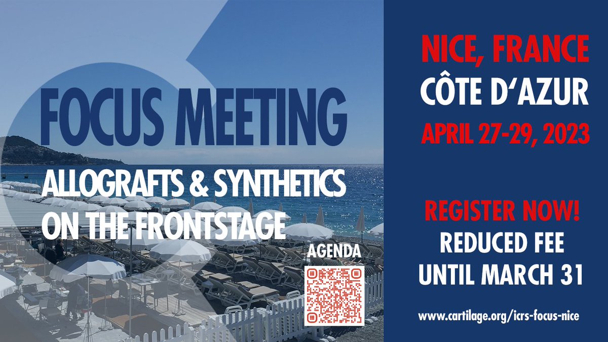 Join us! #ICRS #allografts #synthetics #cartilage #jointpreservation #meniscus #ligament #bone #bioprinting #hydrogels #celltherapy #orthotwitter #sportsmedicine #orthoscience #research #AcademicTwitter #AcademicChatter #Nice cartilage.org/icrs-focus-nic…