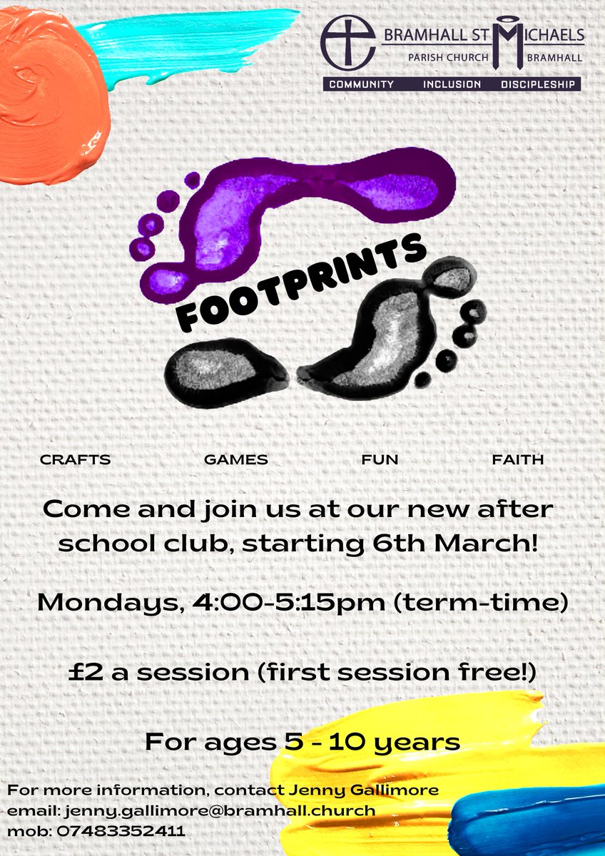 BramhallCofE's tweet photo. Our new after-school club, Footprints, starts on Monday 6th March!
Come along for lots of fun, games, crafts and snacks!
#bramhall #afterschoolclub #fun #community https://t.co/ovvXZHWAYo