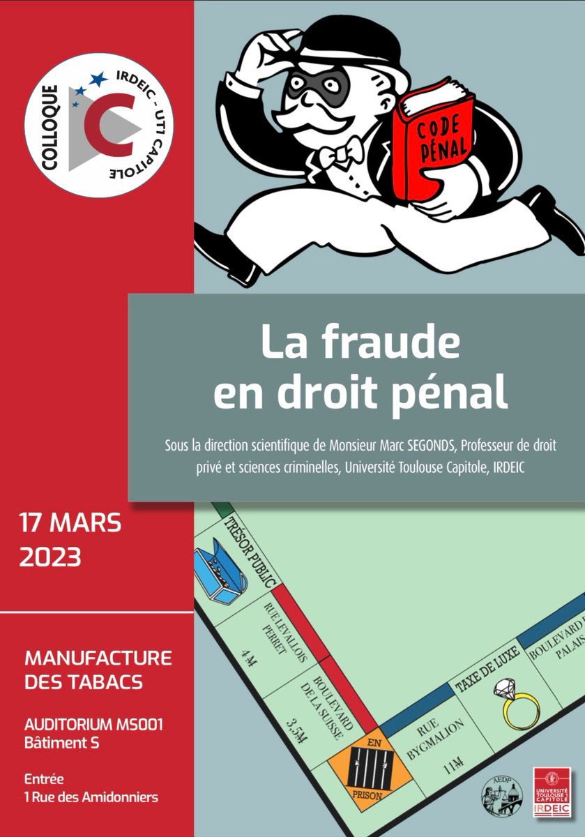 aedpToulouse's tweet image. COLLOQUE : LA FRAUDE EN DROIT PÉNAL 🎓

Nous vous donnons rendez-vous le 17 mars 2023 à
la Manufacture des Tabacs pour assister à notre colloque sur le thème suivant: «𝙇𝙖 𝙛𝙧𝙖𝙪𝙙𝙚 𝙚𝙣 𝙙𝙧𝙤𝙞𝙩 𝙥𝙚́𝙣𝙖𝙡 » (voir programme en slide).

1/2