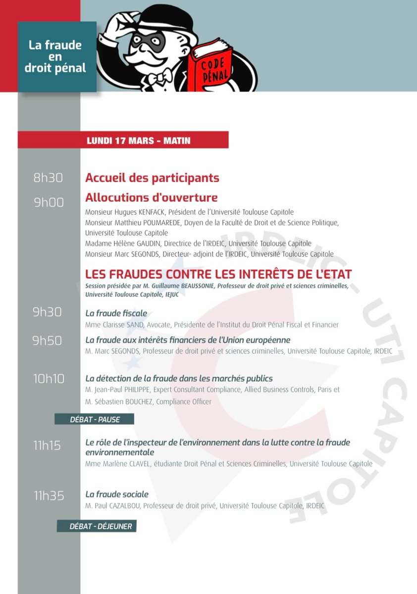 aedpToulouse's tweet image. COLLOQUE : LA FRAUDE EN DROIT PÉNAL 🎓

Nous vous donnons rendez-vous le 17 mars 2023 à
la Manufacture des Tabacs pour assister à notre colloque sur le thème suivant: «𝙇𝙖 𝙛𝙧𝙖𝙪𝙙𝙚 𝙚𝙣 𝙙𝙧𝙤𝙞𝙩 𝙥𝙚́𝙣𝙖𝙡 » (voir programme en slide).

1/2