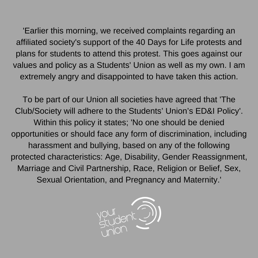 Stir_Community's tweet photo. 'Earlier this morning, we received complaints regarding an affiliated society's support of the 40 Days for Life protests and plans for students to attend this protest. This goes against our values and policy as a Students' Union as well as my own. I am extremely angry ... (1/6) https://t.co/6QPCPbOe4s