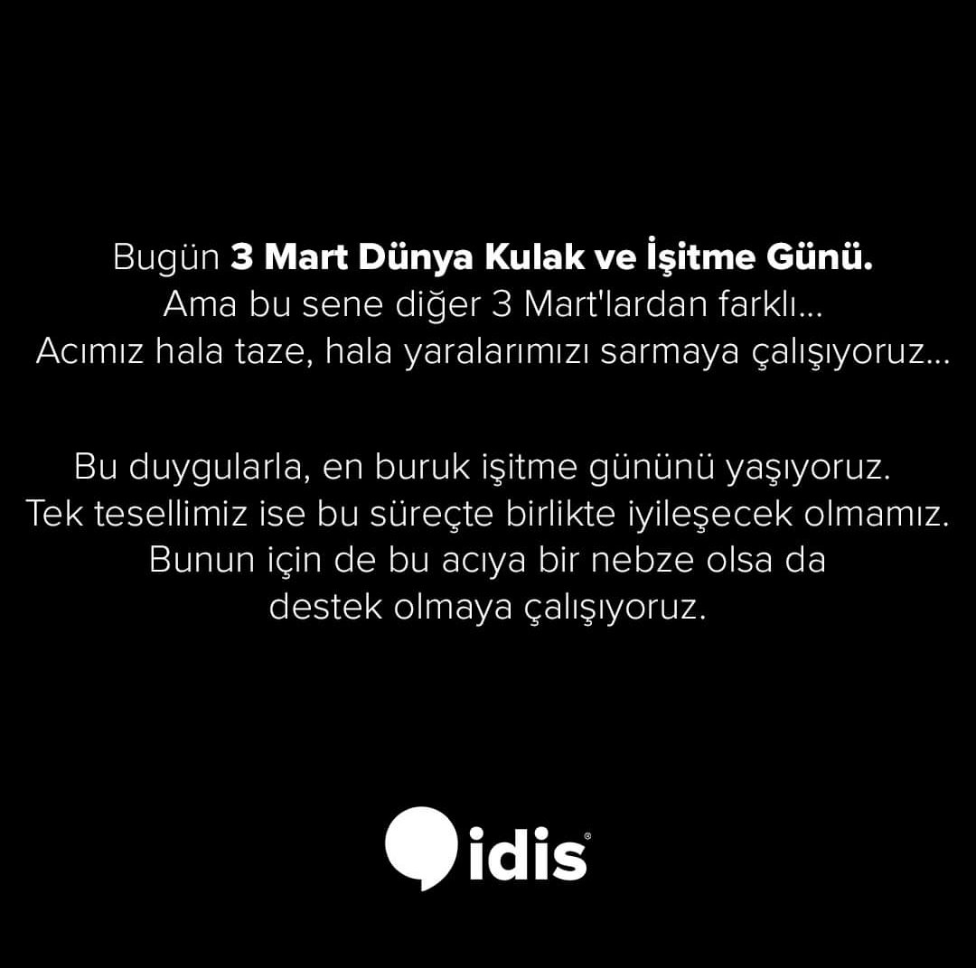 İdis İşitme Merkezleri en buruk işitme gününü yaşıyoruz. 
Tek tesellimiz ise bu süreçte birlikte iyileşecek olmamız… Başvurmak için İşitme Engelliler ve Aileleri Derneği’nin 0538 224 40 83 numaralı Whatsapp hattından iletişime geçebilirsiniz.

#idisişitme  #kulakveişitmegünü