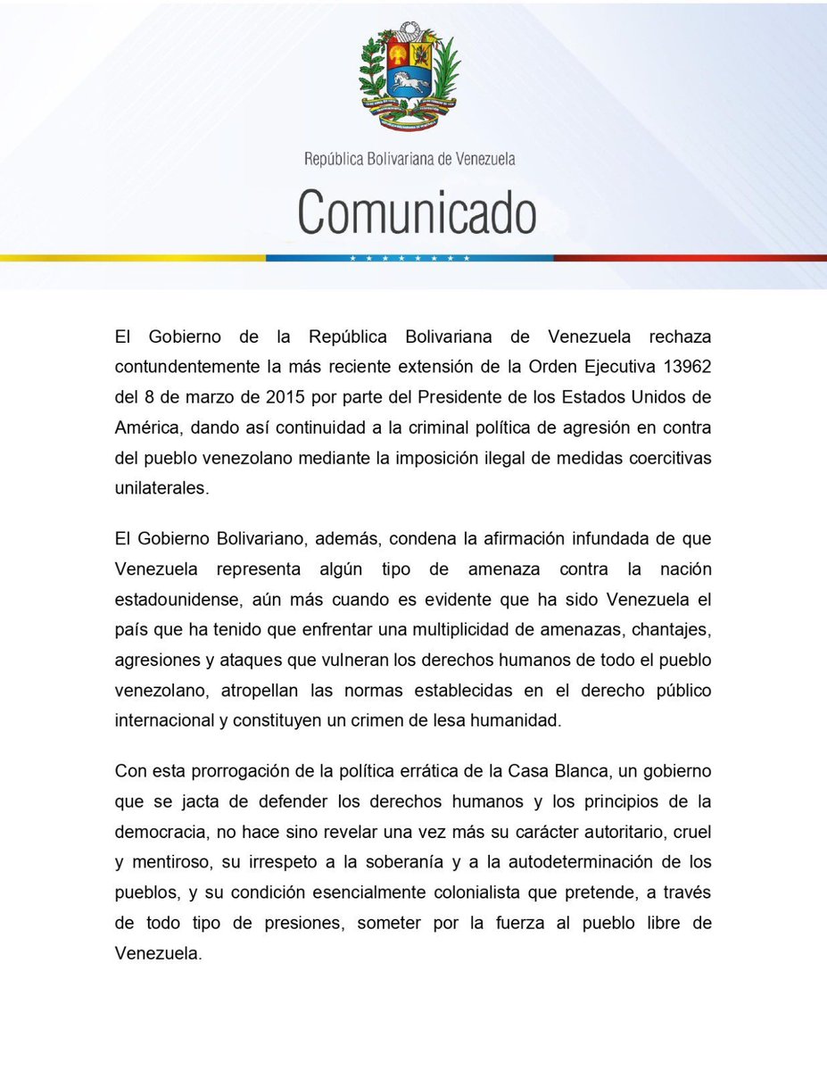 XtraLoco's tweet photo. #GDCInforma|| El Canciller @yvangil publicó un comunicado oficial en rechazo a la extensión del decreto Obama, el cual cataloga a Venezuela como una “amenaza inusual y extraordinaria” a la seguridad nacional y la política exterior de los EEUU.
#ChávezCorazónDeLosPueblos #oriele https://t.co/OBDEB0eglO