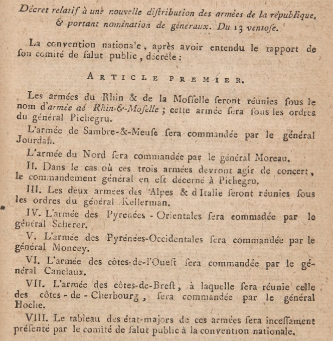 1792_1815's tweet photo. 3 mars 1795 Décret de la #Convention Nationale fixant l’organisation, les appellations et les commandements des différentes armées de la République. On y trouve les généraux #Pichegru, #Jourdan, #Moreau, #Kellerman, #Scherer, #Moncey, #Canclaux, #Hoche. https://t.co/fNIJl0aGMQ
