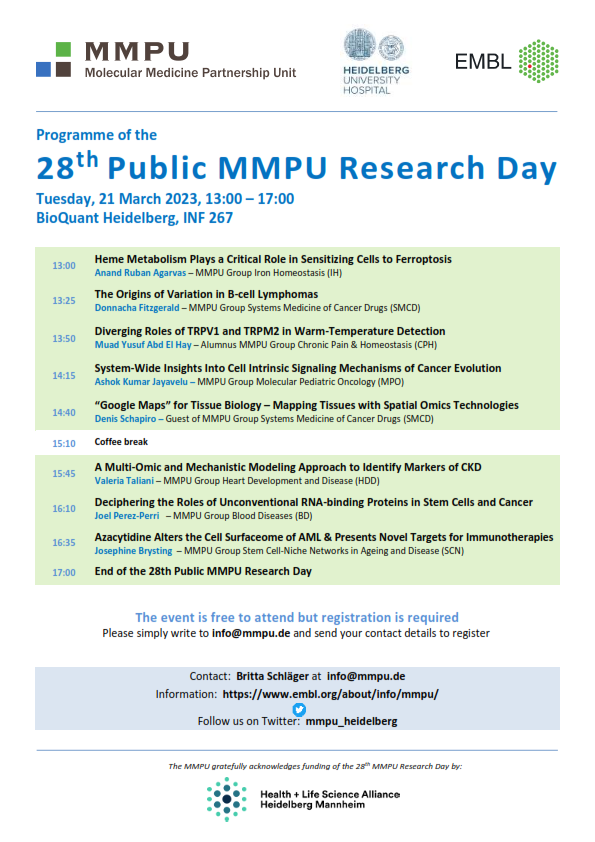 MMPU_Heidelberg's tweet photo. Registration is open! Join us on March 21, 1 p.m. at #Bioquant for the 28th #MMPU #ResearchDay. Excellent scientific talks by #EMBL and #UKHD scientists and many networking opportunities. https://t.co/3rxEVqN4m8