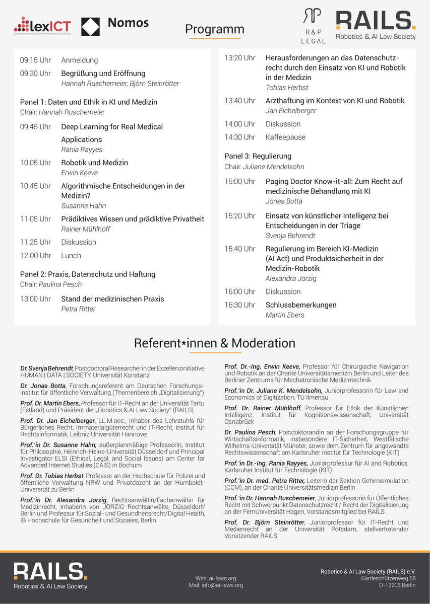 RAILSinfo's tweet photo. Noch ein Monat bis zur 5. RAILS-Konferenz! 🔥

Thema „Einsatz von künstlicher Intelligenz und Robotik in der Medizin: interdisziplinäre Fragen“ 🏥🤖

📅 31. März 2023
📍 in Berlin

Jetzt anmelden: register@ai-laws.org

Zum Flyer: https://t.co/CXWADLOfhF

(AvK) https://t.co/9SBENE3KnK