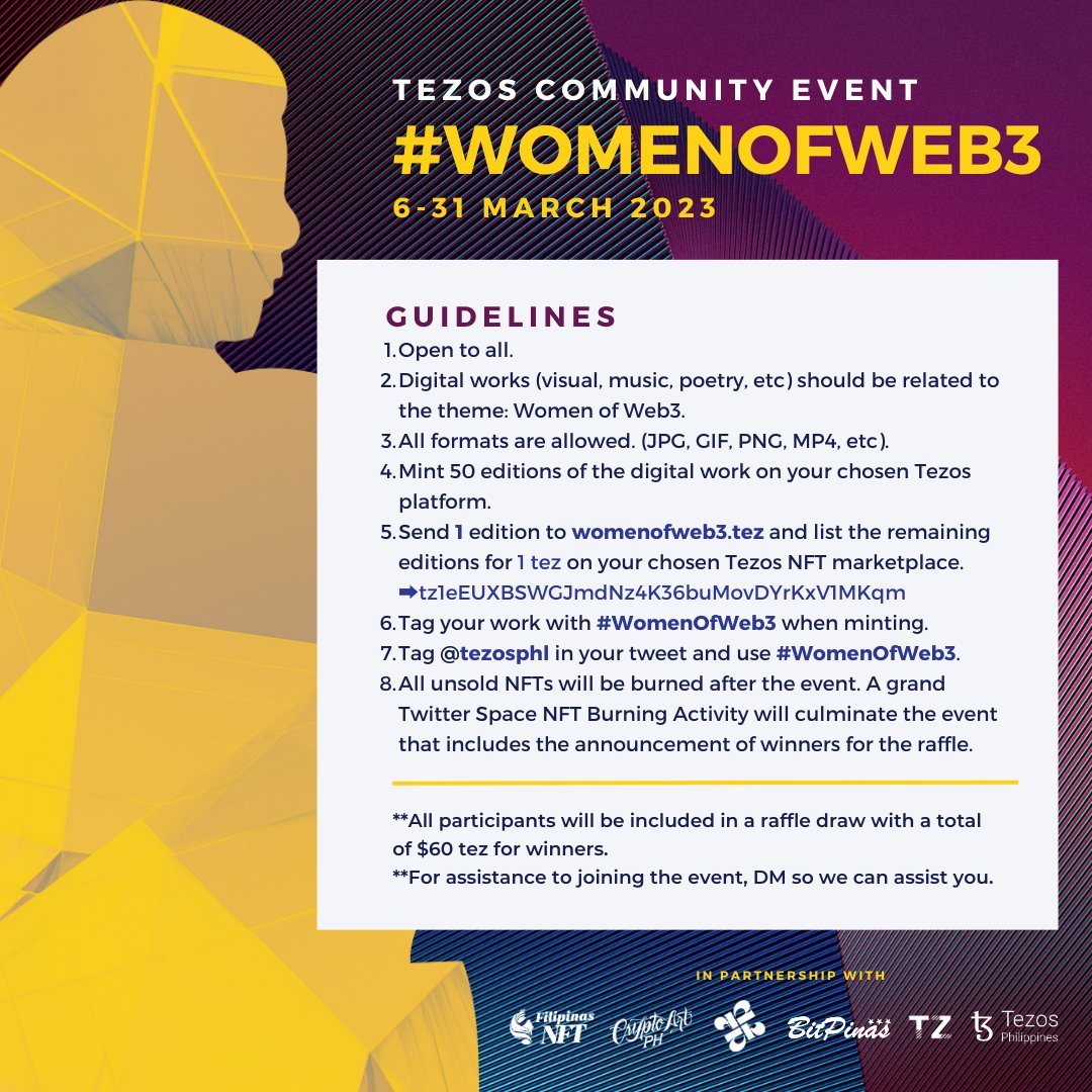 TezosPHL's tweet photo. 🎉In celebration of Women’s Month, @TezosPHL  in partnership with local and international communities: @FilipinasNFT, @cryptoartph, @TezosFilipinos, @BitPinas, and @TzApac  are proud to initiate this #Tezos Community Minting Event with the theme: Women of Web3.

🧵See thread: https://t.co/cJrN5ZhArX