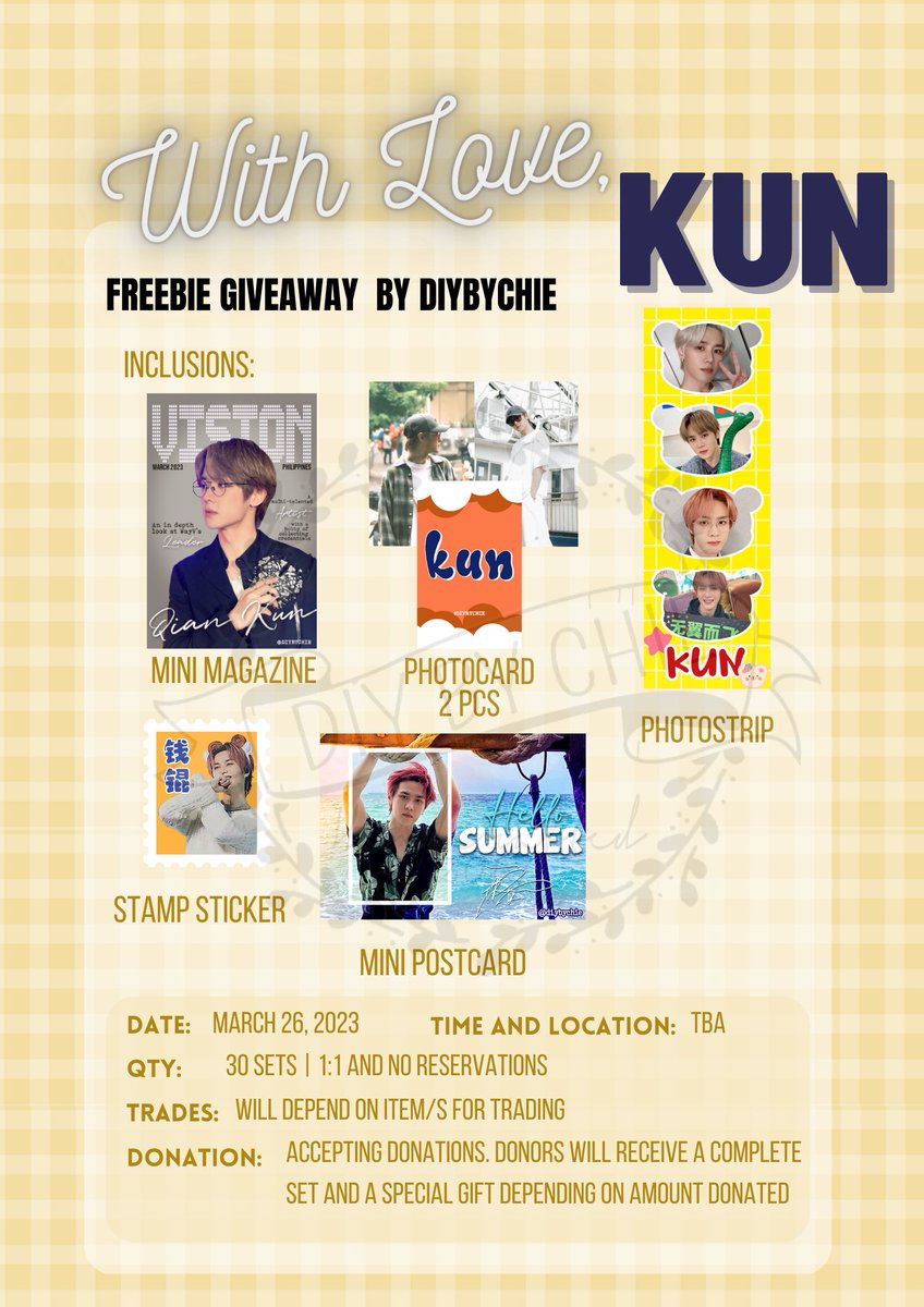 DIYbyChie's tweet photo. With Love, #Kun
Freebie GA by Diybychie 

📌 1:1, No reservation
📌 Like &amp;RT
📌 Donations accepted 
📌 Limited  qtys
📌 Trades accepted  (depends on item/s for trade)

See you on D-day!

#WayV  #Wayv_Phantom_in_Manila #Freebies #GA https://t.co/Rq53yBoFz1