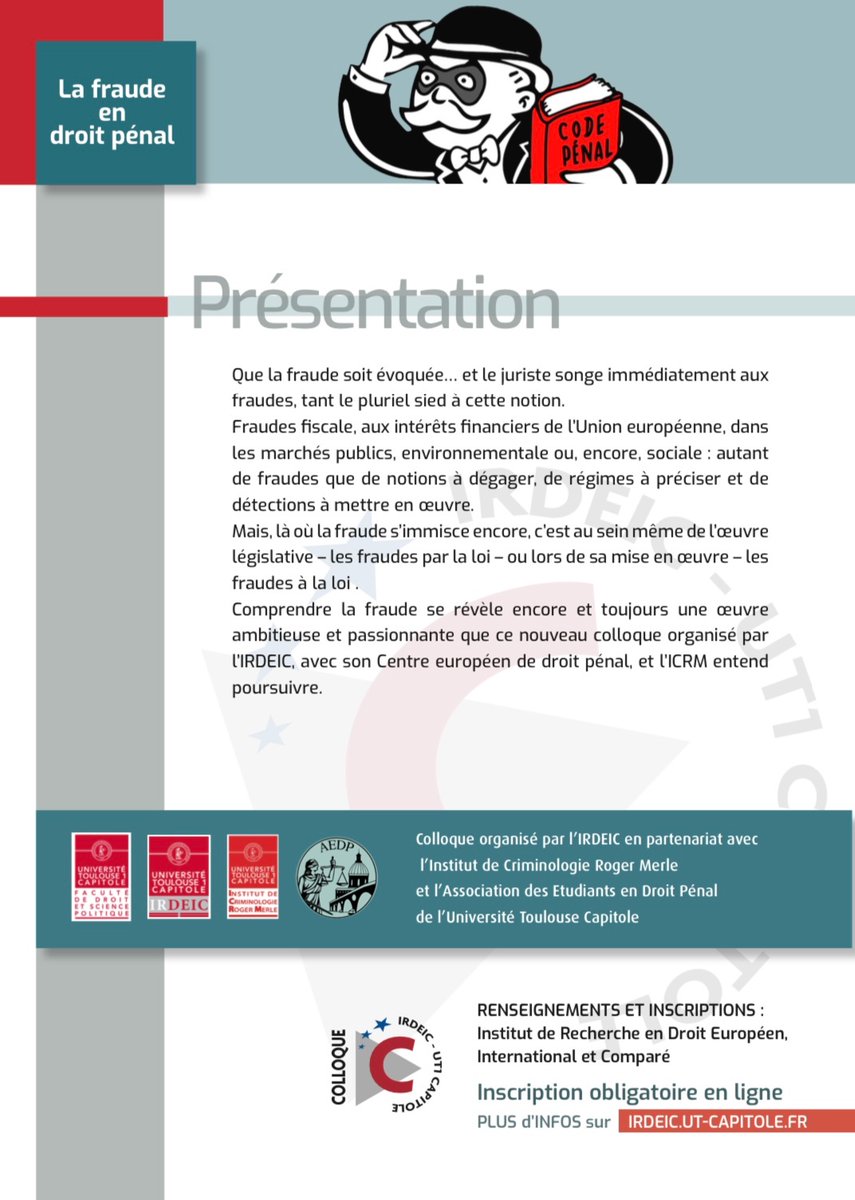 COLLOQUE : LA FRAUDE EN DROIT PÉNAL 🎓

Nous vous donnons rendez-vous le 17 mars 2023 à
la Manufacture des Tabacs pour assister à notre colloque sur le thème suivant: «𝙇𝙖 𝙛𝙧𝙖𝙪𝙙𝙚 𝙚𝙣 𝙙𝙧𝙤𝙞𝙩 𝙥𝙚́𝙣𝙖𝙡 » (voir programme en slide).

1/2