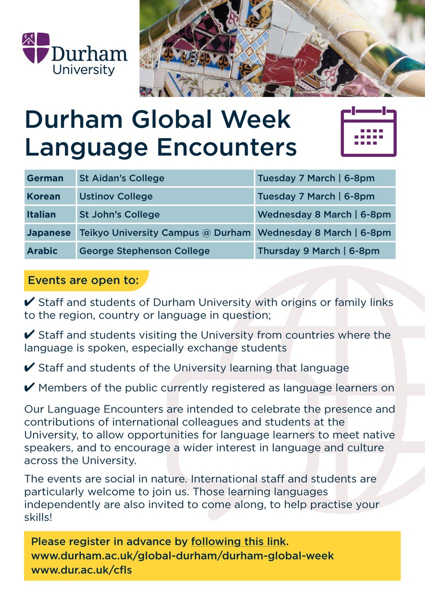 As part of #DUGlobalWeek <a href="/durham_uni/">Durham University</a> we are hosting a #German language encounter on Tuesday 7th March, 6-8pm <a href="/StAidansCollege/">St Aidan's College</a>.  If you are a native German speaker, or interested in the language and culture, please come along.  Pre-registration required via forms.office.com/e/PRcWZsbUQc