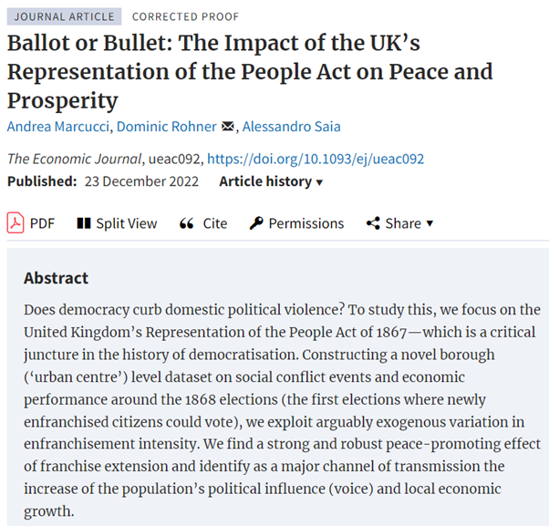 The Economic Journal (@ej_res) on Twitter photo Forthcoming at EJ: ‘Ballot or Bullet: The Impact of the UK’s Representation of the People Act on Peace and Prosperity’ by Andrea Marcucci, Dominic Rohner, Alessandro Saia doi.org/10.1093/ej/uea… <a href="/AndreaM994/">Andrea Marcucci</a> <a href="/alesaiatw/">alesaia</a> <a href="/dominic_rohner/">Dominic Rohner</a> <a href="/RoyalEconSoc/">Royal Economic Society</a> #EconTwitter Forthcoming at EJ: ‘Ballot or Bullet: The Impact of the UK’s Representation of the People Act on Peace and Prosperity’ by Andrea Marcucci, Dominic Rohner, Alessandro Saia doi.org/10.1093/ej/uea… <a href="/AndreaM994/">Andrea Marcucci</a> <a href="/alesaiatw/">alesaia</a> <a href="/dominic_rohner/">Dominic Rohner</a> <a href="/RoyalEconSoc/">Royal Economic Society</a> #EconTwitter