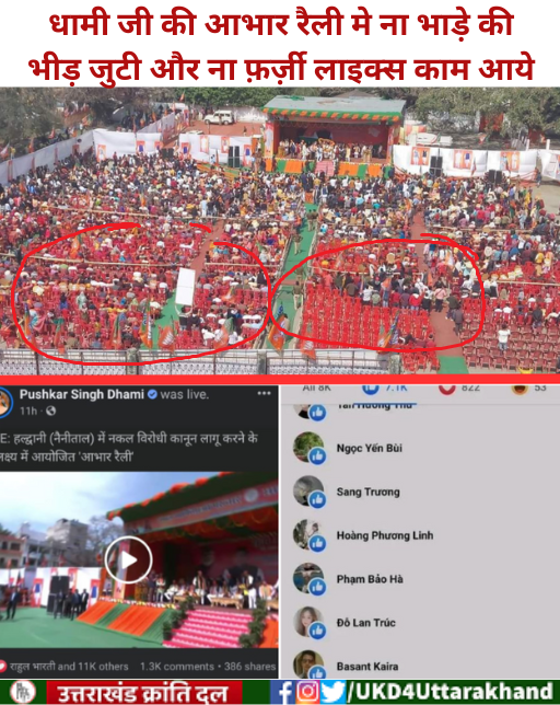 UKD4Uttarakhand's tweet photo. उत्तराखंड के युवाओं के बीच अलोकप्रिय हो चुके मुख्यमंत्री @pushkardhami की हल्द्वानी मे हुई आभार रैली मे भाड़े पर लाने पर भी भीड़ नही जुटी और ना ही उनकी रैली को युवाओं ने देखा तो पैसे देकर फेसबुक पोस्ट पर फ़र्ज़ी लाइक्स(इंडोनेशिया-केन्या से) बढ़ाये गए l
#UKCBI https://t.co/mfhNy0FaOd